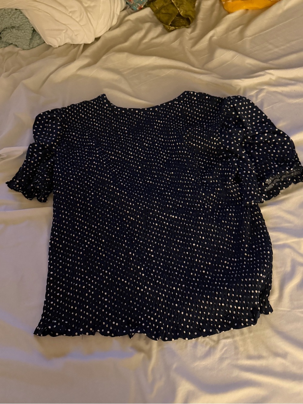 Navy Polka Dot Puff Sleeve Blouse
